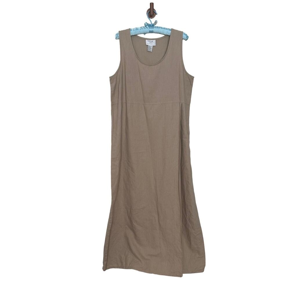Vintage Vision Apparel Sz 10 Linen Cotton Beige Faux Wrap Maxi Dress Sleeveless